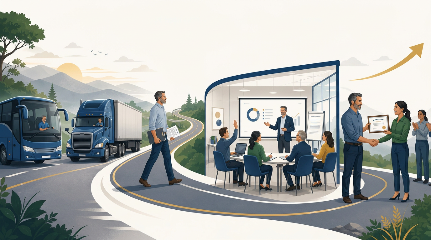 Illustration du parcours LÉONARD SERVICE FORMATION : conduite de bus et poids lourd, transition vers le métier de formateur, salle de formation moderne et remise d'attestations aux apprenants