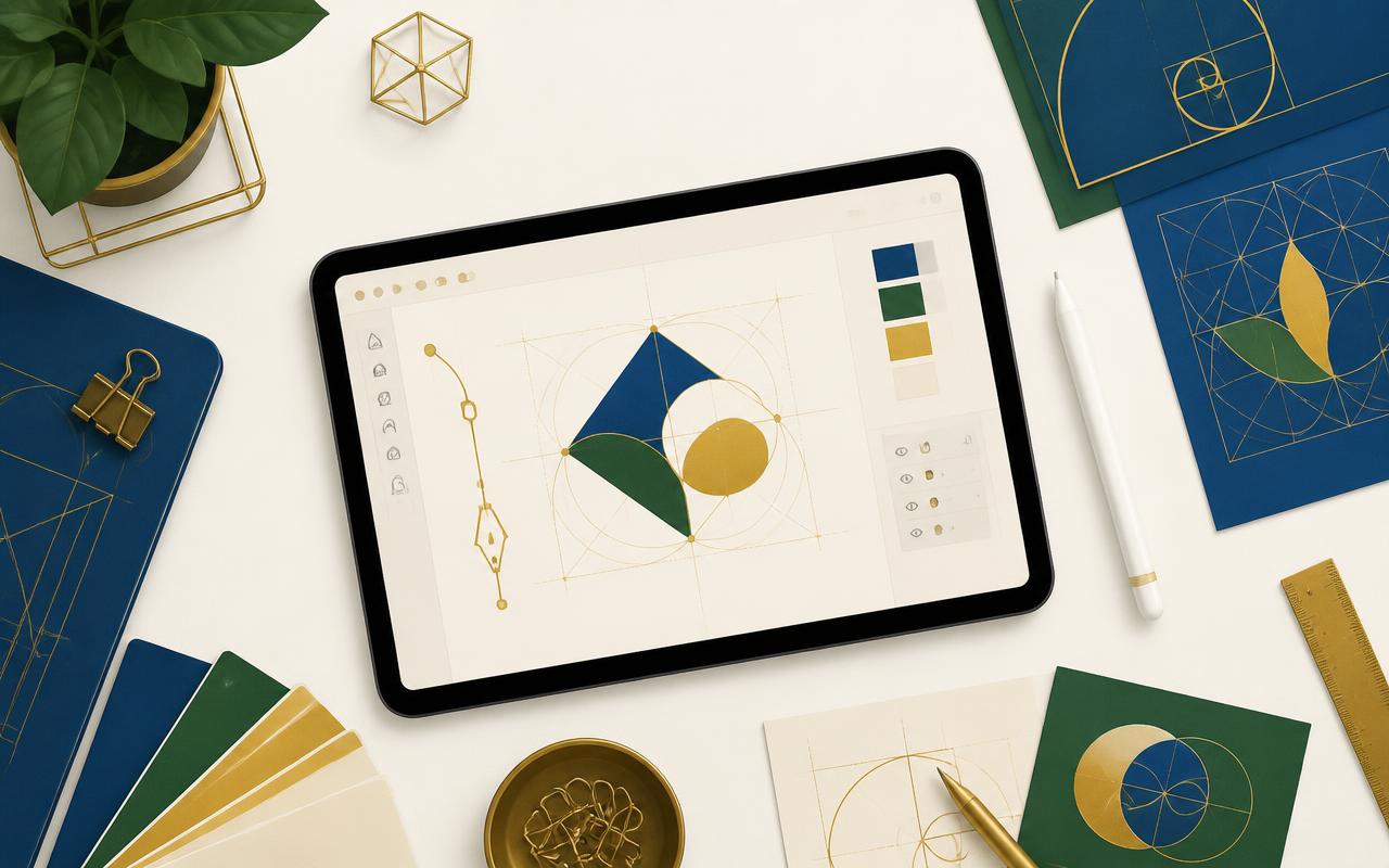 Illustration : atelier de création vectorielle, tablette graphique et nuancier aux couleurs de l'organisme.